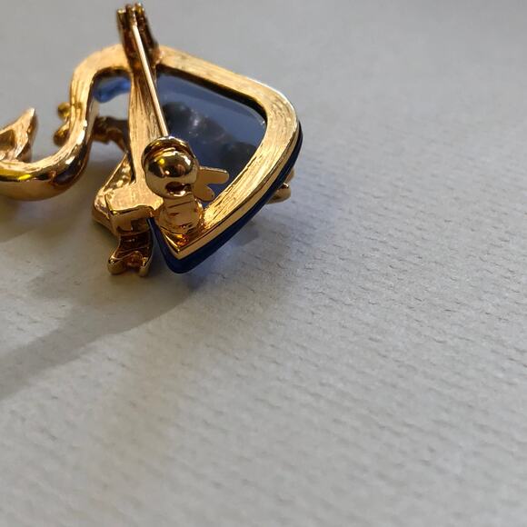 Swan Brooch With Blue Translucent Body Gold Tone Rhinestone Ribbon Vintage Retro - Picture 7 of 10